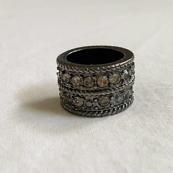Vintage Jewelry - VTG Gunmetal Grey CZ Diamond Wide Band Ring